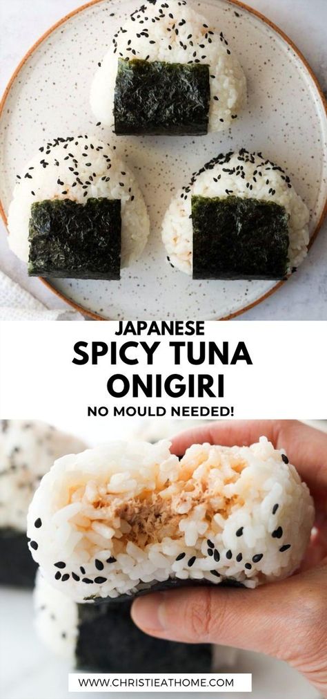 Indulge in the delightful flavors of Spicy Tuna Onigiri, where perfectly seasoned rice balls meet a creamy, spicy mayo tuna filling, all enveloped in roasted seaweed. This versatile treat is perfect for a quick breakfast, a satisfying snack, or a convenient meal on the go. Ideal for picnics, these onigiri offer a taste of Japanese cuisine that's both simple and delicious. Explore new recipe ideas with this Asian-inspired dish and enjoy the unique blend of flavors. Nori Rice Balls, Spicy Tuna Onigiri, Tuna Rice Balls, Tuna Balls, Tuna Onigiri, Usa Dessert, Onigiri Recipe, Roasted Seaweed, Tuna Rice