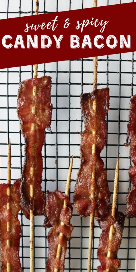 Candied Spiced Bacon Skewers! This would make for a fun party appetizer and I can pretty much guarantee your friends and family will be asking for the recipe! Sweet and spicy bacon on a stick! Bacon Skewers Brunch, Candied Bacon Skewers, Hangover Brunch, Bacon On A Stick, Bacon Skewers, Candy Bacon, Winter Bbq, Spicy Candy, Oven Baked Bacon