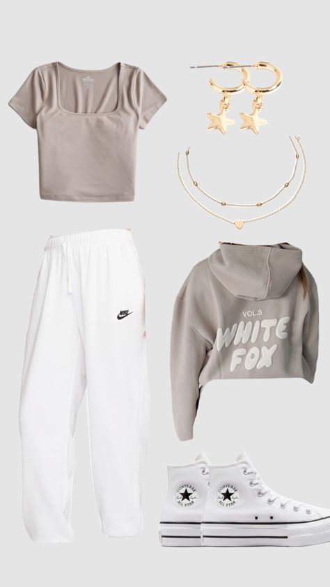 Cute outfit ❤️ #aesthetic #cleangirl #vanillagirl #neutrals Neutral Preppy Outfit, Clean Girl Astethic Outfit, That Girl Clothes, White Girl Outfits Basic, White Fox Outfits, Popular Girl Outfits, Basic Girl Aesthetic, Vanilla Clothes, Sweatpant Outfits