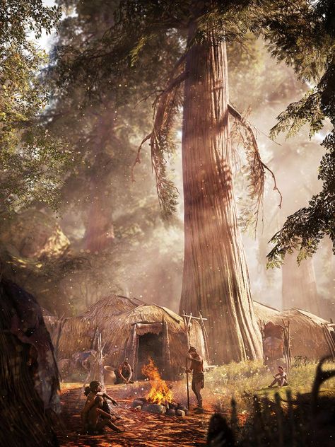 Village Far Cry Primal, Far Cry, Prehistoric Creatures, Stone Age, Fantasy Art Landscapes, Fantasy Landscape, Daily Art, Ancient Art, Fantasy World