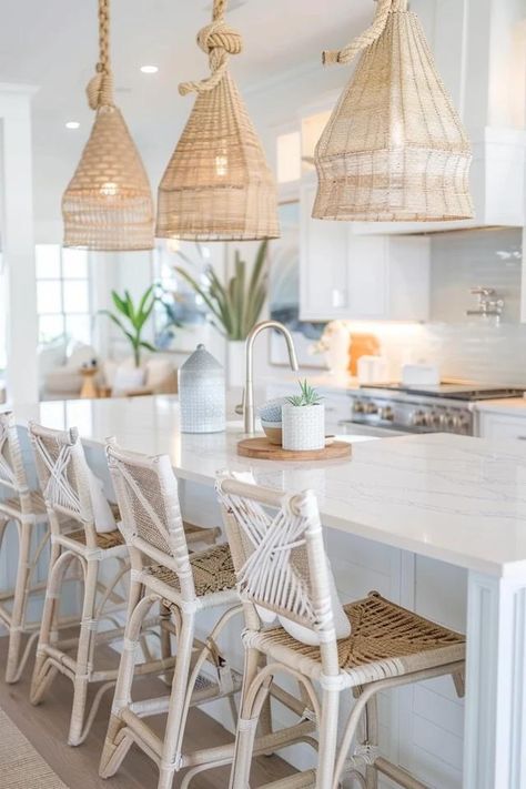 Coastal Charm: Top Beach House Kitchen Ideas Boho Bar Stools, Boho Kitchen Island, Purple Kitchen Decor, Italian Kitchen Decor, Boho Bar, Coastal Kitchen Decor, Pendant Lampshade, Kitchen Island Ideas, Purple Kitchen