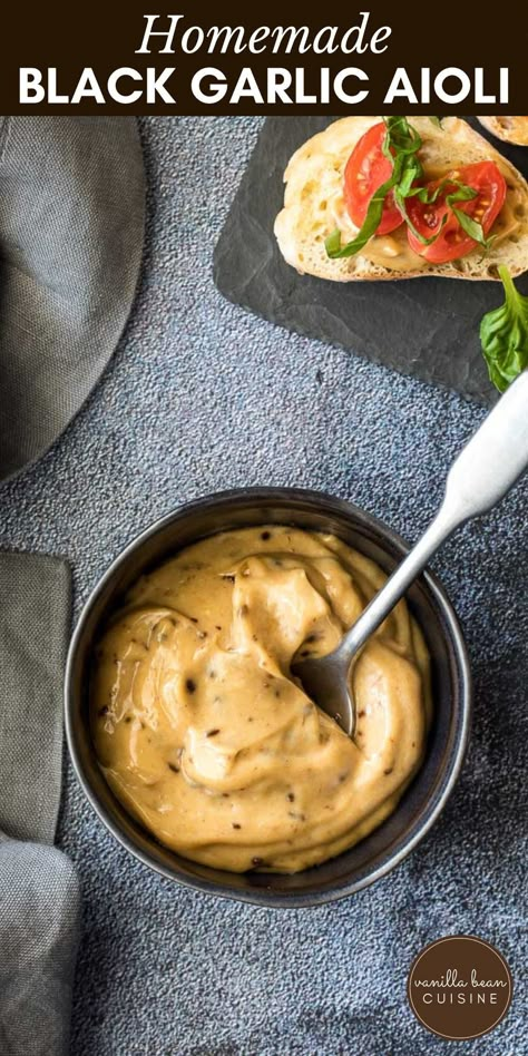 Black Garlic Dressing, Black Garlic Aioli, Black Garlic Sauce, Black Garlic Recipes Dishes, Black Garlic Recipes, Garlic Aioli Recipe, Choux Puff, Baked Appetizers, Garlic Mayo