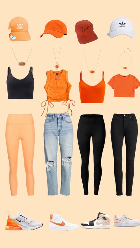 Orange Athletic Outfit, Orange Gym Outfit, Versus Tour Outfits, Orange Fits Aesthetic, Trendy Fitted Orange Shorts, Orange Leggings Outfit, Preppy Outfits Orange, Orange And Black Outfit, Fox Oc