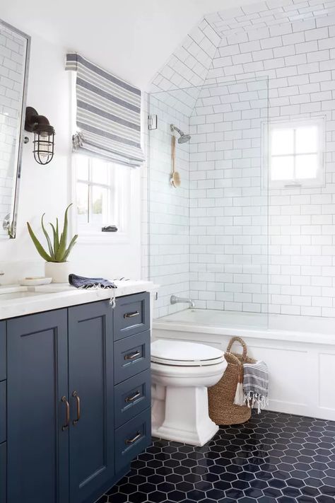 7 Pretty Bathroom Floor Tile Ideas to Pin (Even If You're Not Remodeling) | Hunker Bathroom Floor Tile Ideas, Floor Tile Ideas, Pretty Bathroom, Bathroom Floor Tile, Blue Vanity, Tub Bathroom, Pretty Bathrooms, Bathroom Remodel With Tub, Blue Bathroom