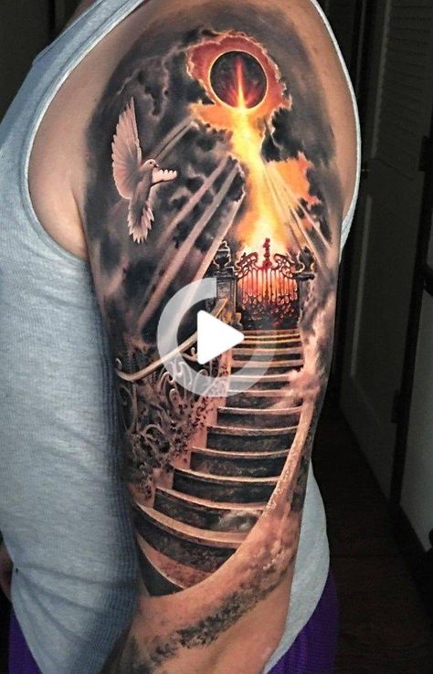 Escalera al cielo por Rember Orellana, Dark Age Tattoo, Denton, Texas - tatuajes Heaven Stairway Tattoo, Stairway Tattoo, Dark Age Tattoo, Religious Tattoo Sleeves, Age Tattoo, Upper Arm Tattoo, Lion Forearm Tattoos, Dark Heaven, Heaven Tattoos