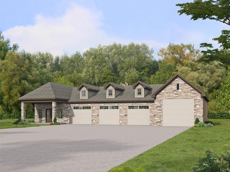 062G-0431: 6-Car Garage Plan with RV Bay and Apartment Garage With Living Quarters, Garage Workshop Plans, Garage Apartment Plan, Southern Style House Plans, Southern House Plan, Rv Garage, Southern House, Southern Design, Stone Facade