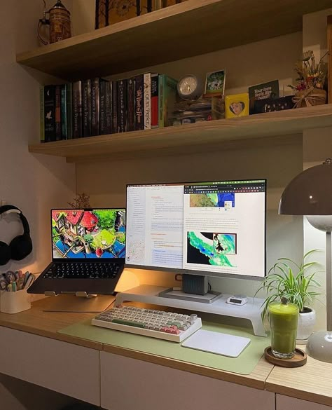 Pc Setup With Tv, Work Setup Aesthetic, Home Office Equipment, Desk Aesthetic Inspiration Minimalist, Aesthetic Desktop Setup, Monitor On Desk, Pc Set Up Aesthetic, Macbook Desk Setup, Monitor Aesthetic