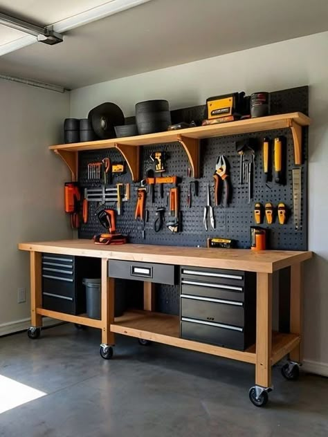 Small Garage Workshop Ideas, Garage Organization 2 Car, Workbench Tool Organization, Tool Storage Workbench, Garage Work Bench And Storage, Space Saving Garage Ideas, Garage Workspace Ideas, Tool Shop Ideas, Garage Update Interior