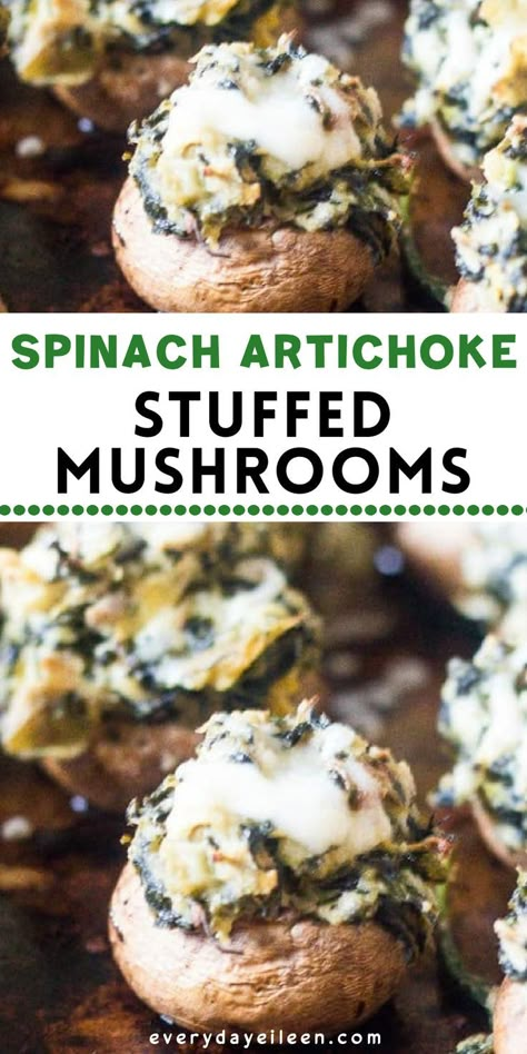 Mushroom appetizer stuffed with spinach and artichoke with cheese with Pinterest overlay. Spinach Artichoke Stuffed Mushrooms, Artichoke Stuffed Mushrooms, Artichoke Stuffed, Mushroom Side Dishes, Mushroom Appetizers, Cheese Stuffed Mushrooms, Stuffed Mushroom, Artichoke Recipes, Best Appetizer Recipes