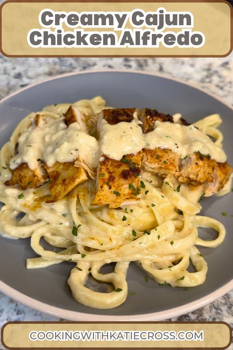 This Creamy Cajun Chicken Alfredo features delicious creamy Cajun seasoned fettuccini alfredo topped with juicy chicken cutlets. Cajun Chicken Linguine Alfredo, Cajun Garlic Parmesan Chicken Alfredo, Cajun Chicken And Shrimp Alfredo, Chicken Alfredo Dinner, Creamy Cajun Chicken Alfredo Pasta, Creamy Cajun Chicken And Sausage Alfredo Pasta, Cajun Chicken Alfredo, Chicken Cornbread, Chicken Pot Pie Casserole