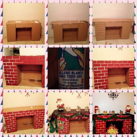 Do-it-yourself fireplace for the New Year 2021: learn how to create and decorate it Christmas Desk Decorations, Christmas Cubicle Decorations, Diy Christmas Fireplace, Cardboard Fireplace, Fake Fireplace, Christmas Fireplace Decor, Easy Christmas Decorations, Faux Fireplace, Office Christmas Decorations