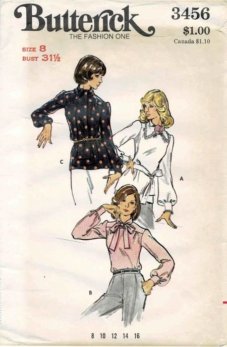 Butterick 3456 | Vintage Sewing Patterns | Fandom Collar Variations, Long Sleeve Blouses, Paper Sewing Patterns, Fold Envelope, Fitted Blouses, Couture Vintage, Sewing Pattern Sizes, Personal Checks, Etsy Shipping