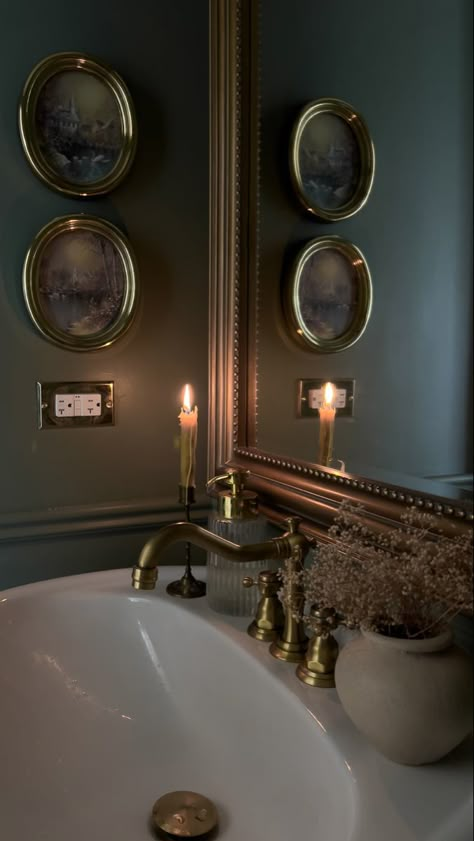 Jewelry Box Powder Room, Interior Design Guest Bathroom, Curio Cabinet Bathroom, Powder Blue Powder Room, Modern Victorian Style Bathroom, Dark Academia Interior Design Bathroom, Speakeasy Bathroom Interior Design, Vintage Dark Bathroom, Wall Papering Ideas Bathroom Modern