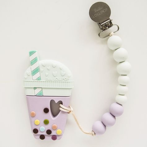 LouLou Lollipop Bubble Tea Silicone Teether w/ Holder- Lilac and Mint Taro Bubble Tea, Teething Gums, Baby Equipment, Silicone Teether, Pacifier Holder, Baby Teethers, Mini Rodini, Baby Teeth, Baby Boutique