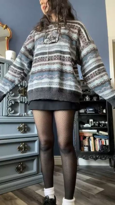 Oversized Sweater With Tights, Sweater And Tights Outfit, Big Sweater Tights Outfit, Sweater Tights Outfit, Fleece Lined Tights Outfit, Tights And Shorts, Striped Tights Outfit, Black Stretch Tights In Grunge Style, Grandpa Sweater And Tights