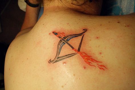 Arrow And Bow Tattoo, Flaming Arrow, Arrow And Bow, Sagittarius Tattoo Designs, Bow Tattoo Designs, Pocket Watch Tattoos, Small Dragon Tattoos, Upper Back Tattoos, Sagittarius Tattoo