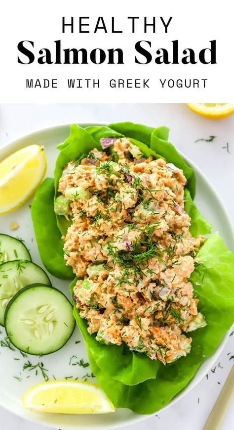 This easy salmon salad is made with canned salmon, red onion, celery, fresh dill and Greek yogurt instead of mayo. It's loaded with flavor and perfect for meal prep. Canned Salmon Salad, Protein Salad Recipes, Canned Salmon Recipes, Sea Food Salad Recipes, Eating Bird Food, Salmon Salad Recipes, Salmon Sandwich, Canned Salmon, Salmon Red