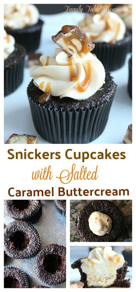 Snickers Cupcakes with Salted Caramel Buttercream Snickers Cupcakes, Snicker Cupcakes, Nougat Recipe, Salted Caramel Buttercream, Caramel Buttercream, Filled Cupcakes, Cupcake Recipes Chocolate, Cupcake Flavors, Family Table