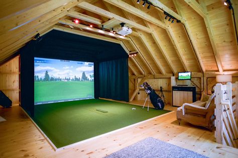 Indoor Golf Room Design, Home Golf Simulator Garage, Golf Simulator Room Garage, Pool House With Golf Simulator, Indoor Golf Simulator Man Cave, Golf Simulator Room Design Garage, Golf Garage Ideas, Golf Simulator Room Man Caves, Indoor Golf Room