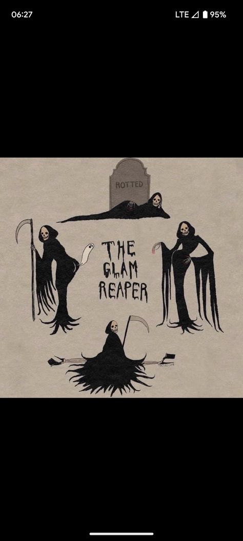 Feminine Reaper Tattoo, Mini Grim Reaper Tattoo, Lady Grim Reaper Tattoo, Girly Grim Reaper Tattoo, Grim Reaper Tattoo Funny, Glam Reaper, Grim Reaper Quotes, Funny Grim Reaper Art, Reaper Quotes