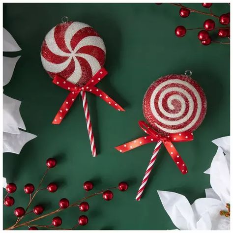 Hobby Lobby Lollipop Ornaments, Peppermint Decor, Lollipop Christmas, Candy Cane Lollipops, Red Lollipop, Christmas Peppermint, Swirl Lollipops, Christmas Decorations Garland, Candy Decorations