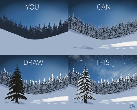 You Can Draw This Winter Landscape in Procreate following my easy to follow, fully narrated video tutorial. Procreate Winter Drawing, Snow Drawing Tutorial, Winter Landscape Drawing Easy, Winter Art Reference, Christmas Landscape Drawing, Drawing Ideas Winter, Procreate 101, Winter Landscape Drawing, Snow Digital Art