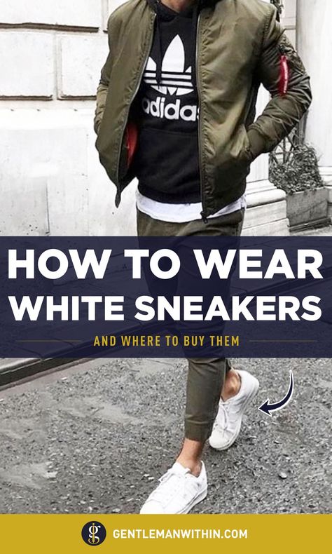 Curious about how to wear the ever trendy and popular white sneakers? This in-depth guide will show you the ropes. #whitesneakers #whitetrainers #whitekicks #howtowear #menssneakers #mensshoes Men Athletic Outfits Street Styles, Men’s Casual White Sneakers, Mens White Sneakers Outfit, White Sneakers Outfit Men, How To Wear White Sneakers, All White Shoes, Casual White Sneakers, Brunch Outfit Spring, White Sneakers Outfit