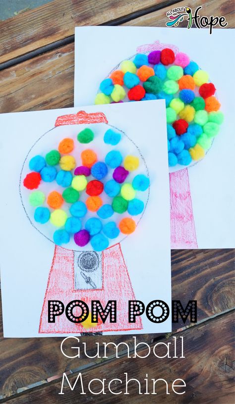 Gumball Crafts, Bubble Gum Crafts Preschool, Pom Pom Gumball Machine Craft, Mini Pom Pom Crafts, Bubble Gum Activities For Kids, Gumball Machine Classroom, Classroom Gumball Machine, Letter G Crafts, Preschool Valentine Crafts