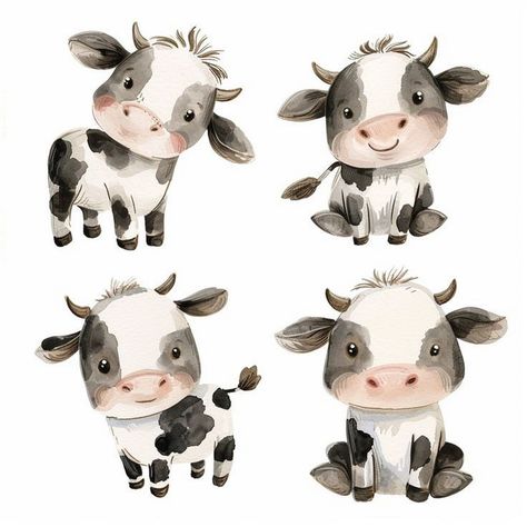 DIY-friendly farm animal wall decals to bring a cozy farmhouse touch to any room in the house. Cute Cow Watercolor, Cute Farm Animals Drawings, Baby Cow Drawing, Watercolour Cow, Cute Cow Drawing, Cute Cow Clipart, Cow Clip Art, Cow Watercolor, Cow Drawing