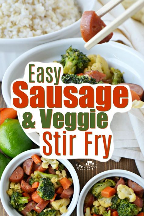 Easy Sausage and Veggie Stir-Fry · Pint-sized Treasures Sausage Stir Fry, Veggie Stir Fry Recipes, Homemade Stir Fry, Smoked Sausage Recipes, Salmon Patties Recipe, Patties Recipe, Salmon Patties, Veggie Stir Fry, Pan Meals