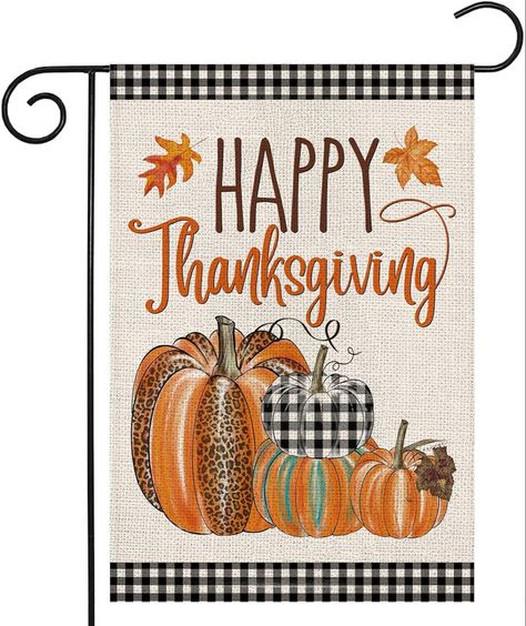 Small Thanksgiving, Plaid Pumpkins, Fall House Flags, Thanksgiving Flag, Fall Garden Decor, House Flag Pole, Fall House, Pumpkin Garden, Fall Garden Flag