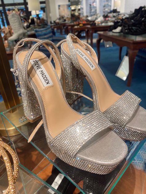 Silver Heels Chunky Heel, Shiny Heels Aesthetic, Sparkly Wedge Heels, Silver Sparkly Heels Prom, Sparkly Silver Heels Aesthetic, Silver Shiny Heels, Prom Shoes 2023, Steve Madden Sparkly Heels, Steve Madden Rhinestone Heels