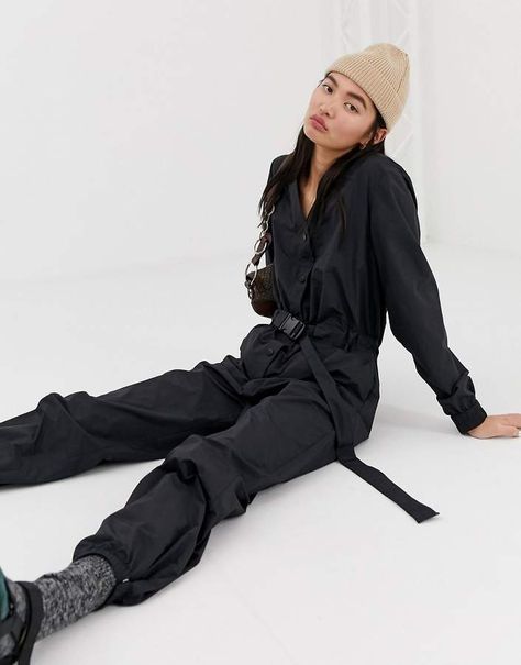 Weekday sporty jumpsuit with belt in black Workwear Jumpsuit, Workout Bodysuit, Jumpsuit With Belt, Mode Editorials, Brand Photography Inspiration, Fotografi Digital, Jumpsuit Outfit, Clothing Photography, Style Noir