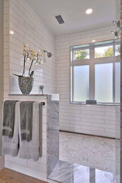 Modernized Texas farmhouse filled with eye-catching details Showers Without Doors, Master Bath Shower, Small Bathroom With Shower, Budget Bathroom Remodel, Bathroom Tub Shower, Farmhouse Shower, Bathtub Remodel, Master Bath Remodel, Modern Farmhouse Bathroom