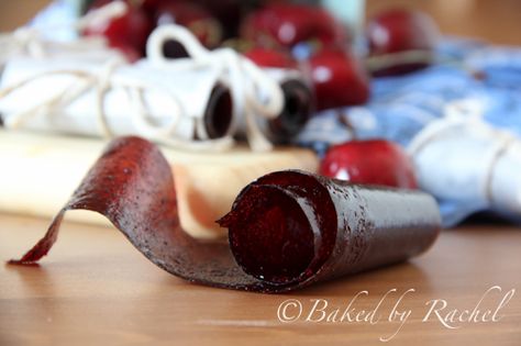 Cherry Fruit Leather - bakedbyrachel.com Homemade Fruit Leather, Fruit Leather Recipe, Fruit Roll, Fruit Leather, Dehydrated Fruit, Fruit Roll Ups, Cherry Recipes, Cherry Fruit, Homemade Snacks