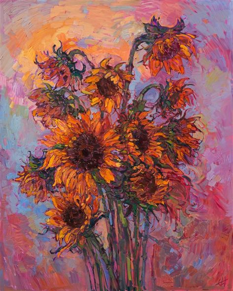 Orange-colored sunflowers are beautifully portrayed in vivid color and expressive movement in this painting. The colors seem to vibrate with life and energy as the eye roams about the piece. The thickly textured brush strokes of oil paint stand away from the canvas in vivid impasto. Erin Hanson, Contemporary Impressionism, Modern Impressionism, Arte Van Gogh, Sunflower Art, Sunflower Painting, Wow Art, Caricatures, Painting Style