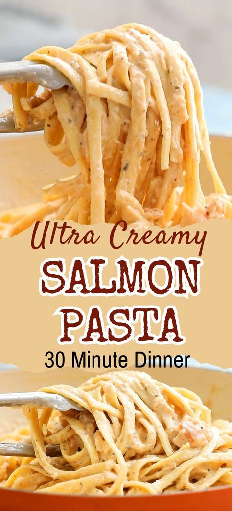 Learn how to make the best creamy salmon pasta recipe with fettuccini, that is a great one pot meal ready in 30 minutes. This salmon recipe is one of the easiest creamy pasta recipes to make using cream sauce. Make it with milk for a lighter dish. Get the easy creamy pasta with salmon along with video at kitchenathoskins.com. Pasta Recipes With Fish, Healthy Recipes With Salmon, Things To Make With Salmon, Easy Salmon Pasta Recipes, Recipes Using Salmon, Salmon Recipes With Cream Sauce, Creamed Salmon Recipes, Salmon Pasta Recipe, Salmon Recipes With Pasta