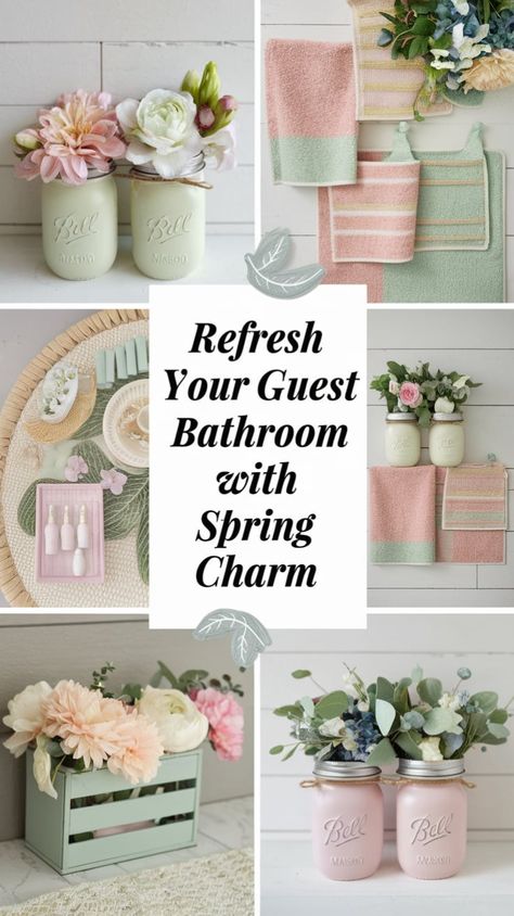 Brighten your home with these 15 spring guest bathroom ideas! Perfect for adding charm and freshness to your space, from pastel accents to botanical themes. Pin it today! Floral Bathroom Decor Ideas, Safe Green Bathroom Decor, Bathroom Easter Decor, Easter Bathroom Decor Ideas, Easter Bathroom Decor, Blush Bathroom Ideas, Spring Bathroom Decor Ideas, Bathroom Plants Ideas, Pink And Green Bathroom