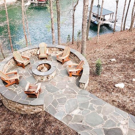 Fire Pits Backyard Ideas, Lake House Backyard, Lake House Patio, Cabin Landscaping, Backyard Vibes, Lake Landscaping, Slate Patio, Fire Pit Landscaping, Backyard Seating