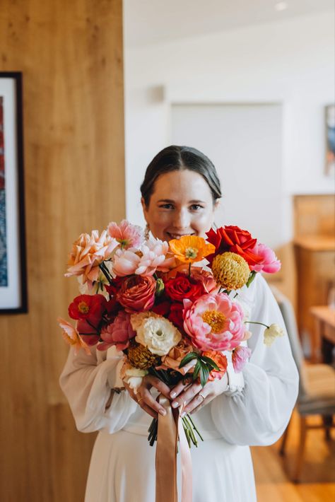 Bright Fall Wedding Florals, Colourful Fall Wedding, Pink And Orange Wedding Colors, Pink And Orange Bouquet Wedding, Bright October Wedding, Bridal Bouquet October, Orange Aesthetic Wedding, Pink Autumn Wedding, Orange And Pink Fall Wedding