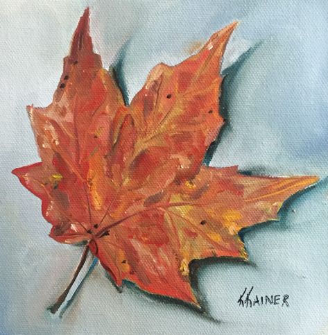 "Painting Description: Autumn Leaf by Kristine Kainer Oil on Canvas Panel (Museum Grade) 6\"x6\"x1/8\" Signed on front and back by the artist Living along the Eastern Seaboard for most of my life, I enjoyed magnificent fall foliage each autumn. Alas, in the Austin, Texas area, we do not experience anything close. This leaf was sent to me by a former cousin-in-law living in Tennessee (along with an envelope of other colorful specimens). What a joy to receive such a thoughtful gift! NOTE: Frame is Leaf Oil Painting, Pastel Artists, Painting A Day, Painted Glassware, George Mason, Fall Images, William And Mary, Painting Glassware, Fall Art