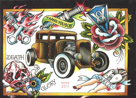 Hotrod Tattoos, Hot Rod Tattoo, Truck Tattoo, Learn To Tattoo, Traditional Tattoo Flash Art, Flash Ideas, Chicano Style Tattoo, Full Back Tattoos, Traditional Hot Rod