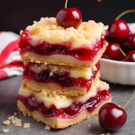 The holidays just wouldn't be the same without indulging in delicious desserts and treats. If you're looking for a new recipe that captures the flavors of the season, these Christmas cherry bars need to be Christmas Cherry Cheese Bars, Christmas Cherry Pie Bars, Cherry Slice Bars, Cherry Blondies Recipe, Easy Cherry Bars, Cherry Preserves Desserts, Cherry Christmas Bars, Christmas Cherry Bars Recipe, Easy Christmas Squares And Bars