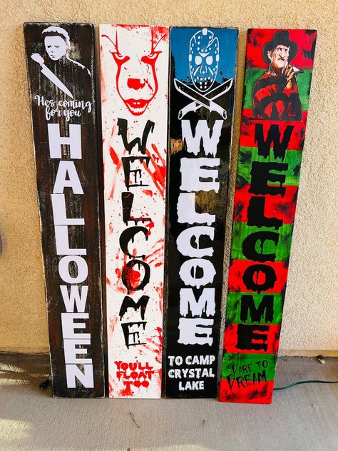 Horror Movie Porch Sign, Welcome Halloween Sign, Halloween Wood Signs Front Porches, Scream Halloween Decorations, Halloween Welcome Signs Front Porches, Halloween Signs Wooden Porch, Diy Fall Signs Front Porches, Painted Halloween Signs, Wood Halloween Signs