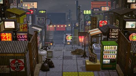 Acnh Tokyo Island, Acnh China Town, Acnh Dystopian Codes, Acnh Japanese Street, Japanese City Animal Crossing, Acnh Japanese Market, Animal Crossing Island Inspiration Japan, Japanese Neighborhood Animal Crossing, Anch Citycore