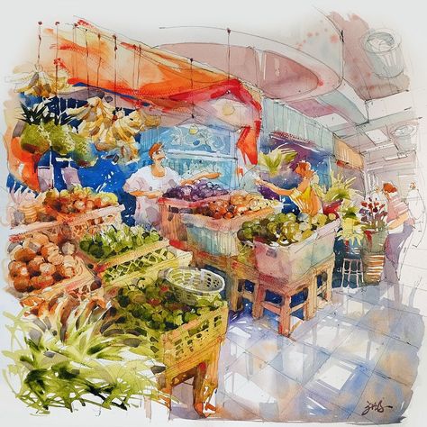 Tia Kee Woon on Instagram: “Fruit stall at Chinatown wet market _Singapore 50cm x 50cm Acrylic on paper” Wet Market, Fruit Stall, Thomas Schaller, Joseph Zbukvic, Acrylic On Paper, Street Scenes, Traditional Art, Singapore, Fruit