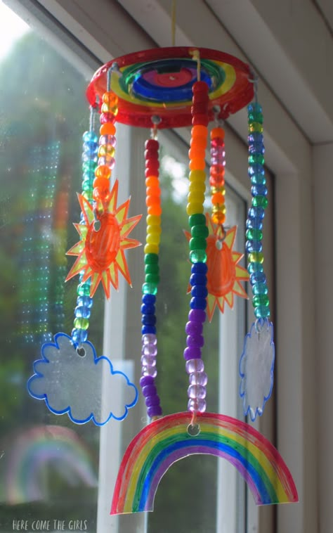 Kids Mobile Craft, Weather Mobile Craft, Weather Mobile Craft For Kids, Mobile Ideas Diy, Rainbow Mobile Diy, Mobile Crafts For Kids, Hanging Crafts For Kids, Sun Catchers For Kids, Sun Catcher Craft