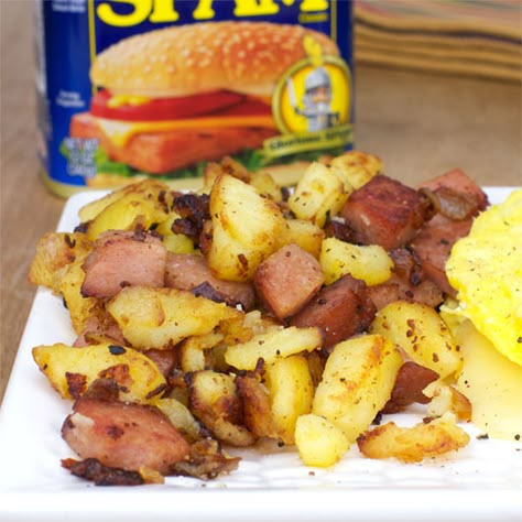 Spam Breakfast Hash Breakfast Spam Recipes, Spam Bake, Breakfast Spam, Spam Breakfast, Spam Recipes Dinners, Cheap Breakfast, Spam Recipes, Hash Recipe, Breakfast Hash