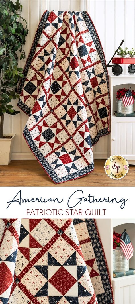 Enjoy the beautiful reds, whites, and blues in this lovely Ohio Star filled quilt made with the American Gathering fabric collection from Moda Fabrics. This quilt is perfect for all skill levels and adds the perfect Americana feel to any room!Quilt finishes at approximately 56.5" x 69.5". Country Quilts Patterns, Americana Quilt Patterns, Red White Blue Quilts, Patriotic Quilts Patterns Free, Ohio Star Quilt Pattern, Patriotic Quilt Patterns, Decorating With Quilts, Veteran Quilts, Red White Blue Quilt