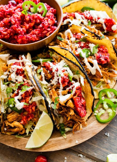 Leftover Turkey Tacos Recipe: Thanksgiving leftovers - CucinaByElena Fresh Cranberry Relish, Mexican Fruit Salads, Turkey Tacos Recipes, Turkey Cranberry, Cranberry Salsa, Recipe Thanksgiving, Fresh Cranberry, Shredded Turkey, Thanksgiving Turkey Leftovers